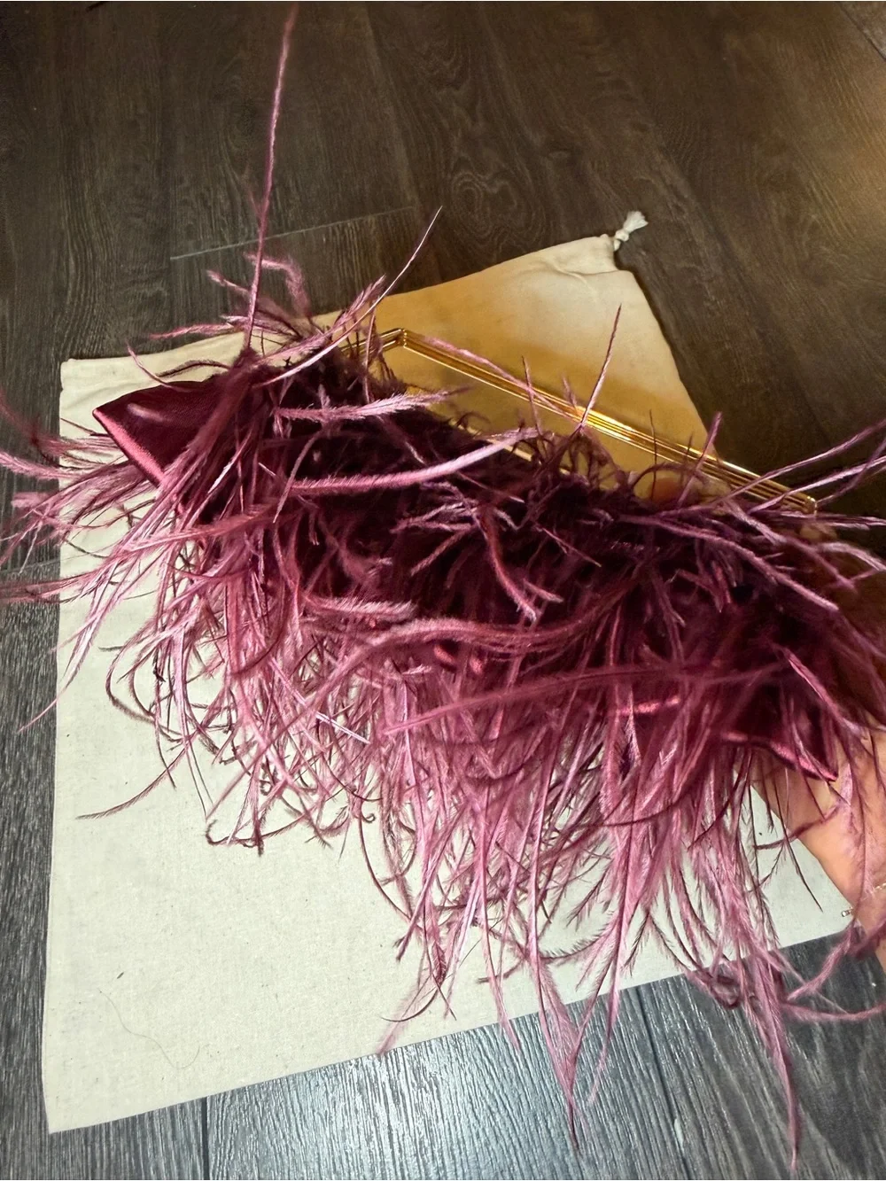 Zara Feather Fringe Evening Clutch in Plum with Gold Frame
